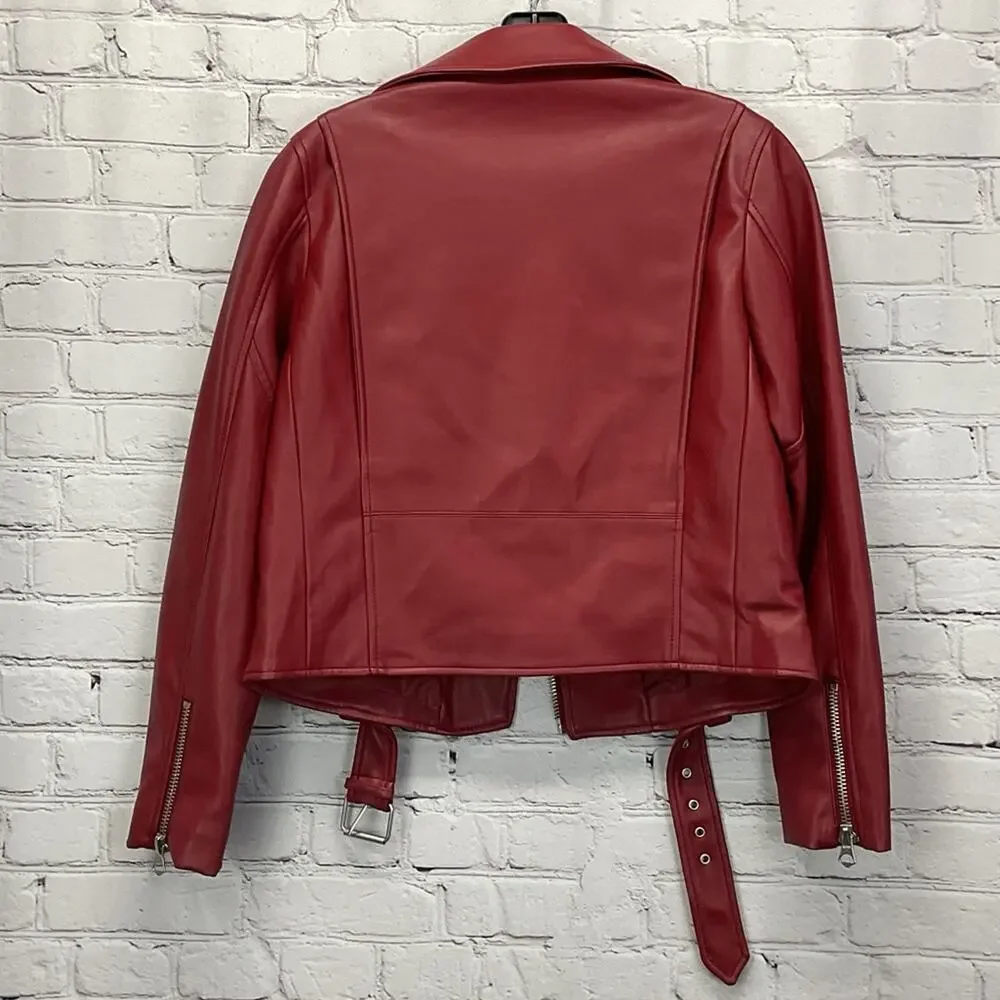 Zara Faux Leather Zip Moto Jacket Women's M Burgandy Belted Bikercore Pockets